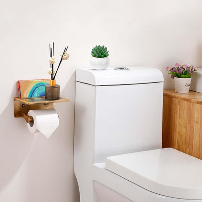 Toilet Paper Holder with Shelf, Aluminum Tissue Roll Dispenser with Mobile Phone Storage Shelf for Bathroom, 3M Self Adhesiv or Wall-Mounted with Screws, Antique Brass
